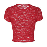 GETADME Women Vintage Lace See Through Short Sleeve T Shirt Summer O Neck Solid Pullover Female Streetwear Club Bodycon Tshirt 2025
