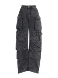 Getadme Solid Color Multi-pocket Loose Jeans Women High Street Retro Hip-hop Wide-leg Pants Casual Straight High-waisted Jeans Women New
