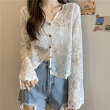GETADME Vintage Summer Lace Blouses Women See Through Sheer Long Sleeve Sun Shirts Korean Style Casual Sun Protection Sexy Ladies Tops