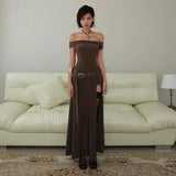 GETADME 여성용 오픈 백 슬릿 롱 드레스, 단색, 슬림 핏, 하이 웨이스트, 원라인 칼라, 유럽 및 미국 스타일, 여름