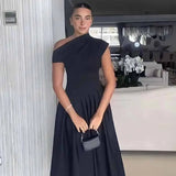 GETADME 여성 패션 오프숄더 슬래시넥 맥시 드레스 우아한 디너 파티 베스티도 여성 하이웨이스트 스플라이스 플리츠 롱 드레스