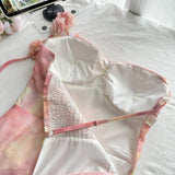 GETADME Summer Women French Vintage Graduation Off Shoulder Dress Mini Chiffon Tie Dye Frock Evening Shoujo Girl One-Piece Party 2000s