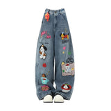 GETADME Retro American Cartoon Floing Embroidery Jeans Men Women Cleanfit Waed Loose Wide Leg Pants Couples Casual Loose Fit