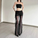 GETADME Sylcue Sexy See Through Long Pant Women High Waist Irregular Patchwork Ruched Ruffles Ribbons Versatile Style Elegant Bottoms