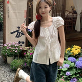 GETADME Short Sleeve White Camisas Korean Bandage Chemises Femme Tops Slim Waist Elegant Chic Shirts Women Y2k Lace-up Bow