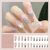 GETADME 24Pcs Press on Nails Long with Designs Pink Rhinestones False Fake Nails Press On Coffin Artificial Nails for Women Stick on
