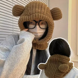 Getadme Korean Women Hooded Beanies Outdoor Winter Warm Ear Protection Headgear Wool Knitted Bib Scarf Cap Cartoon Bear Crochet Bonnet