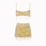 GETADME Sexy Sequins Tassel Skirt Sets Women Sling Crop Tops Hip Package A-line Short Skirts 2025 Summer Chic Beach Party Outfits Lady