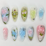 GETADME 24Pcs 3D Strawberry Rabbit Flower Fake Nails Press on Mid-length Almond Wearable False Nails Green Gradient Pearl Manicure Tips