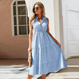 GETADME Vintage Boho Summer Midi Dress Women Sleeveless Casual Holiday Striped Shirt Dress Women Sundress Outfits Female Robe Vestidos