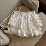 Getadme-Coquette Bow White Mini Skirt Women Kawaii Lace Embroidery Ruffles Layer Patchwork 2024 Summer A-line Skirt with Shorts