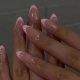 GETADME 24개 프렌치 가짜 손톱 아몬드 가짜 손톱 접착제 포함 흰색 가장자리 디자인 착용 가능 심플 인조 핑크 스틸레토 네일 팁 