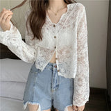 GETADME Vintage Summer Lace Blouses Women See Through Sheer Long Sleeve Sun Shirts Korean Style Casual Sun Protection Sexy Ladies Tops