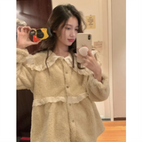 가을 겨울 핑크 레이디스 스위트 레이스 트리밍 두꺼운 홈웨어 따뜻한 정장 산호 플리스 카디건 긴팔 상의+바지 세트