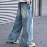 GETADME Korean Style Design Belt Jeans Men'S Casual Loose Retro Blue Straight Leg Pants High Street Wide Leg Pants