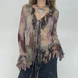GETADME Y2k Vintage Print Ruffles T-Shirt Sexy Mesh Flare Sleeve Tie-up Cardigans See Through V-neck Tops Street Harajuku Holiday Tee