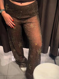 GETADME Bead Embroidery Sequin Women Pants Snowflake See Through Straight Thin High Waist Fashion Trousers 2025 Summer Street Party Pant