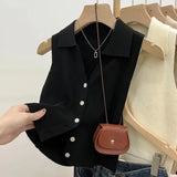 GETADME 여름 시크 아이스 실크 니트 폴로 라펠 씬 슬림핏 실루엣 탱크 아우터 베스트 여성용 숄더 베스트 노슬