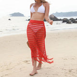 GETADME 2025 Summer Swimsuit Cover Ups Skirts for Women High Waist Hollow Split Tassel Stitching Knitted Transparent Midi Skirts