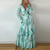 GETADME 2025 New in Summer Elegant Bohemian Printing V Neck Hollow Out Lantern A line Big Swing Maxi Long Dress Vacation Lady Robes