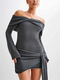 Getadme Trendix Off Shoulder Knit Sweater Dress Women Irregular Lace Up Slim Patchwork Twist Short Dresses Party Evening Elegant Dress