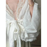 GETADME Elegant Lace Shirts Women Vintage Sexy V Neck Bandage Blouses Summer Fairy Korean Patchwork Long Sleeve Casual Design Tops New