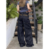 GETADME Women Black Baggy Wide Fit Jeans 2000s Y2k Street Wear Japanese Grunge Embroidery Denim Pants High Street American Retro