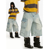 GETADME YIBASHU Women Cargo Jeans Vintage Harajuku Y2k Baggy Calf Length Jeans Pants Japanese 2000s Style Oversize Grunge Denim Shorts