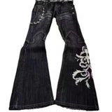 GETADME New High Waist Harajuku Loose Embroidered Women Jeans with Rock Punk Style Y2K Micro La Retro Wide Leg Pants
