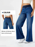 GETADME Women's Jeans New Elastic Waist High Stretch Loose Straight-Leg Pants Trendy Comfortable Versatile Cross-Border