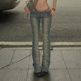 GETADME Y2K Vintage Women Pants American Retro Split Jeans Swing Festive Style Splicing High Street Slim Fit Straight Leg Low Waist