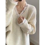 GETADME Lace Trim Warm Sweater for Women V Neck Long Sleeve Winter Loose Soft Top Knit Sweater