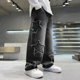 GETADME New Fashion Teenager Boys Denim Wide Leg Pants Child Trousers Spring Autumn Star Splicing Raw Edge Jeans 5-14 Yrs Kids Trousers