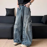 GETADME Korean Retro Jeans Men'S Curved Knife Pants Design Sense Vintage Casual Straight Leg Pants Loose Large Pocket Wide Leg Pants