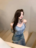 GETADME Summer New Retro Denim 2025 Patchwork Mesh Semi Transparent Fishtail Design High Waisted Ruffled Skirt for Slimming Effect