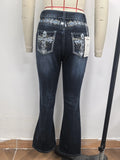 GETADME Slimming Micro Flare Pants Polyester Elastic Printed And Embroidered Denim Look Bottoms for Women Elegant Fashionable