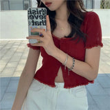 GETADME Korean Style Summer Spring Lace T-shirt Button Stylish Crop Top Slim Fit Knitted Cardigans