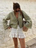 Getadme Cotton Linen Lace Up Bow Shirts Women Loose Hollow Out V Neck Long Sleeve Tops Female 2024 Spring New Lady Streetwear Top