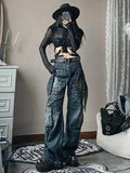 Getadme-American New Spice Girl Plus Size Retro Washing Jean Y2K Street Fashion Retro Big Pocket Design Straight Loose Wide-leg Trousers