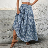 GETADME Women High Waist Floral Print A-Line Three Tiered Maxi Skirt Long Ruffle Trim Boho Summer Vacation Holiday Skirt Vestidos