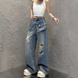 GETADME Streetwear Harajuku Jeans for Women Pantalones Vaqueros Mujer Chic Fake Two Denim Trousers Casual Straight Y2k Wide Leg Pants