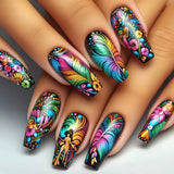 GETADME 24pcs/set medium long fake nails fashion butterfly feather forest sea wave design gradient blue purple green press on false nail