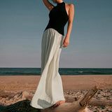 GETADME Holiday Stylish 2025 Summer Halter Sleeveless Backless Women Fashion Pleated Hem Patchwork Floor-length A-line Dresses Vestidos