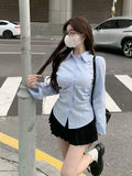GETADME Woman Top Blue Spring and Autumn Wear To Work Full Long Sleeve Button Up Office Outfits Formal Dress Shirts & Blouses Women Xl S