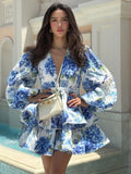 GETADME Fashion Print Ruffles Dress For Women V-neck Flare Sleeve Ball Gown Zipper Mini Dresses 2025 Summer Lady Elegant Party Vestidos