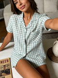 GETADME Loungewear Women Pajamas Cardigan Lapel Short Sleeve Shorts Two Piece Set Spring Summer Fresh Light Green Plaid Loose Fit Casual