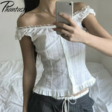 GETADME Phantasy Y2K Women Tops White Lace T-Shirt Button Tees Vintage French Style Tops 2025 Spring Summer Tops Female Streetwear