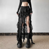 GETADME Tassels Women Skirts Irregular Hem Multi-Layered Ruffles Lace Ruffles Patchwork Sweet Skirts Sexy High Waist Y2k Party Clubwear