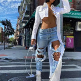 GETADME Autumn New Women's TopLong Sleeveshirt Right Side Reveal Waist Left Side Ribbon Irregular Style Shirt From China Mainland