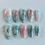 GETADME 24Pcs Black Y2k Long False Nails with Almond Head Design Cat's Eye Silver Stripe Pattern Press on Fake Nails Wearable Nail Tips